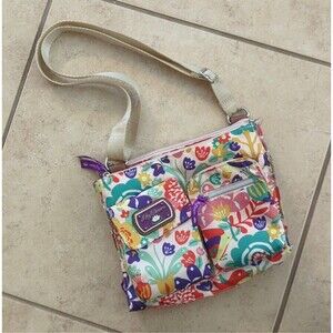 Like New Lily Bloom Regina Crossbody Bag Purse Floral Birds Purple Interior